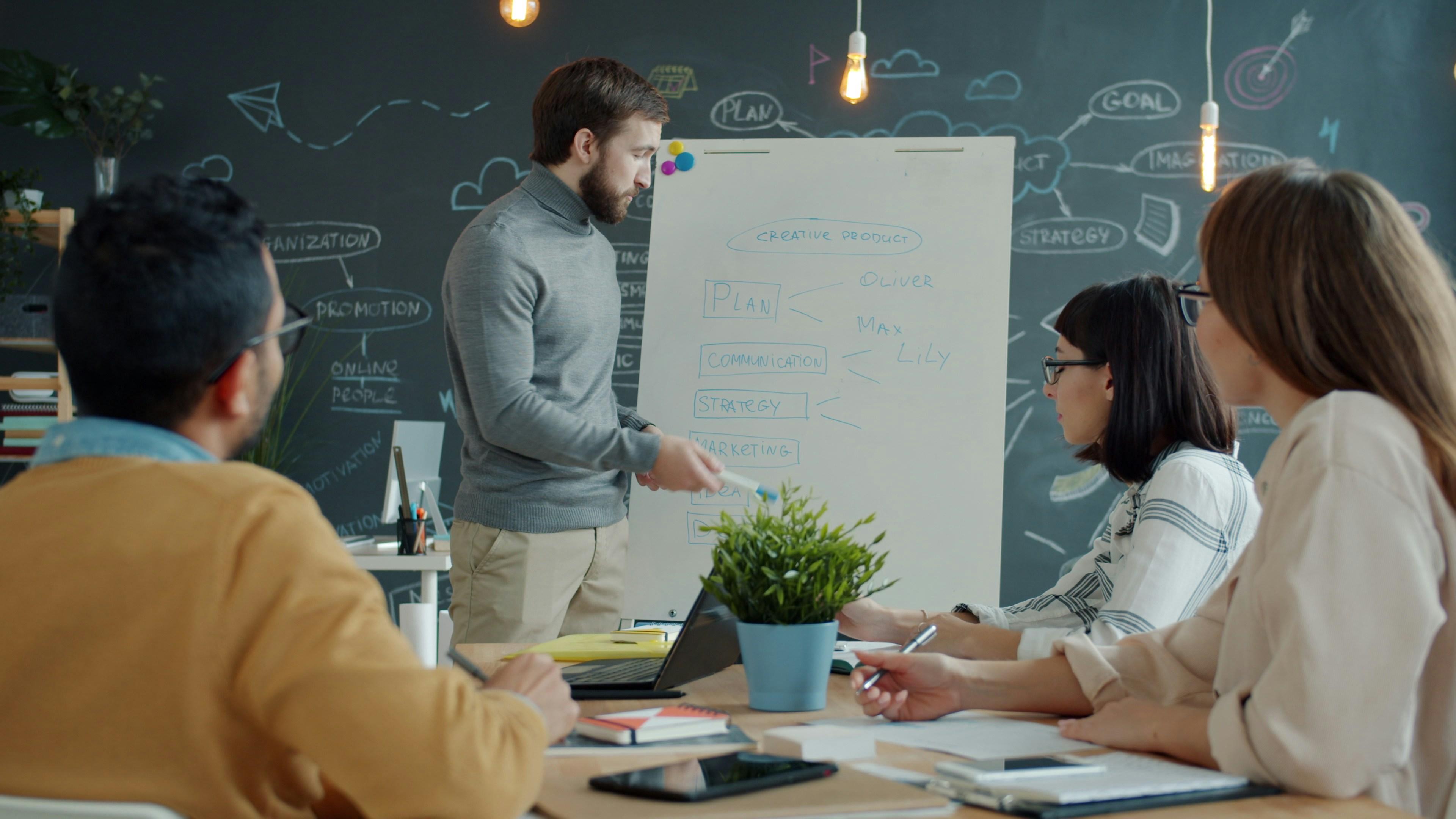 A team lead presenting a plan on a whiteboard to colleagues