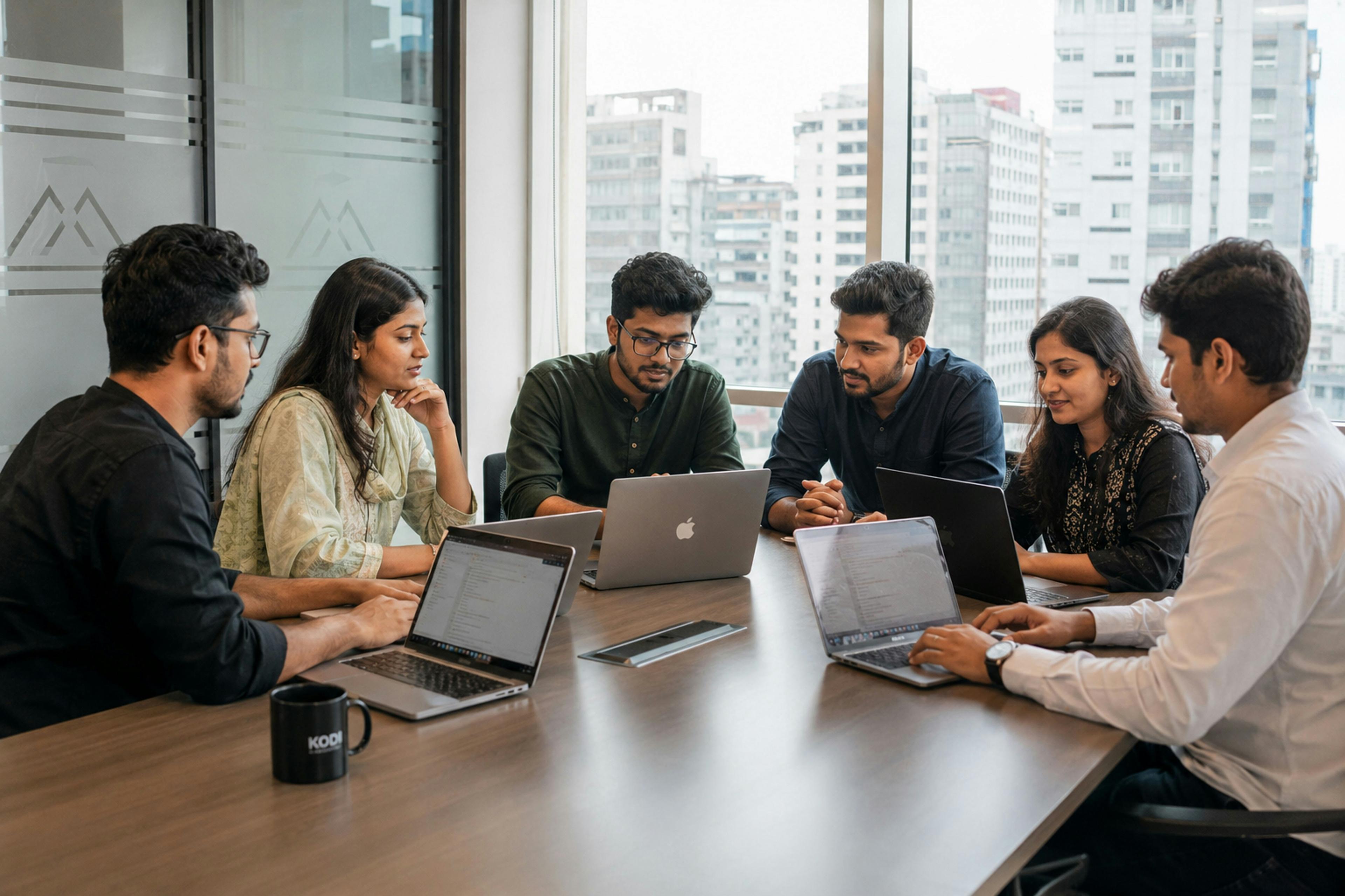 Six colleagues working together on laptops around a conference table